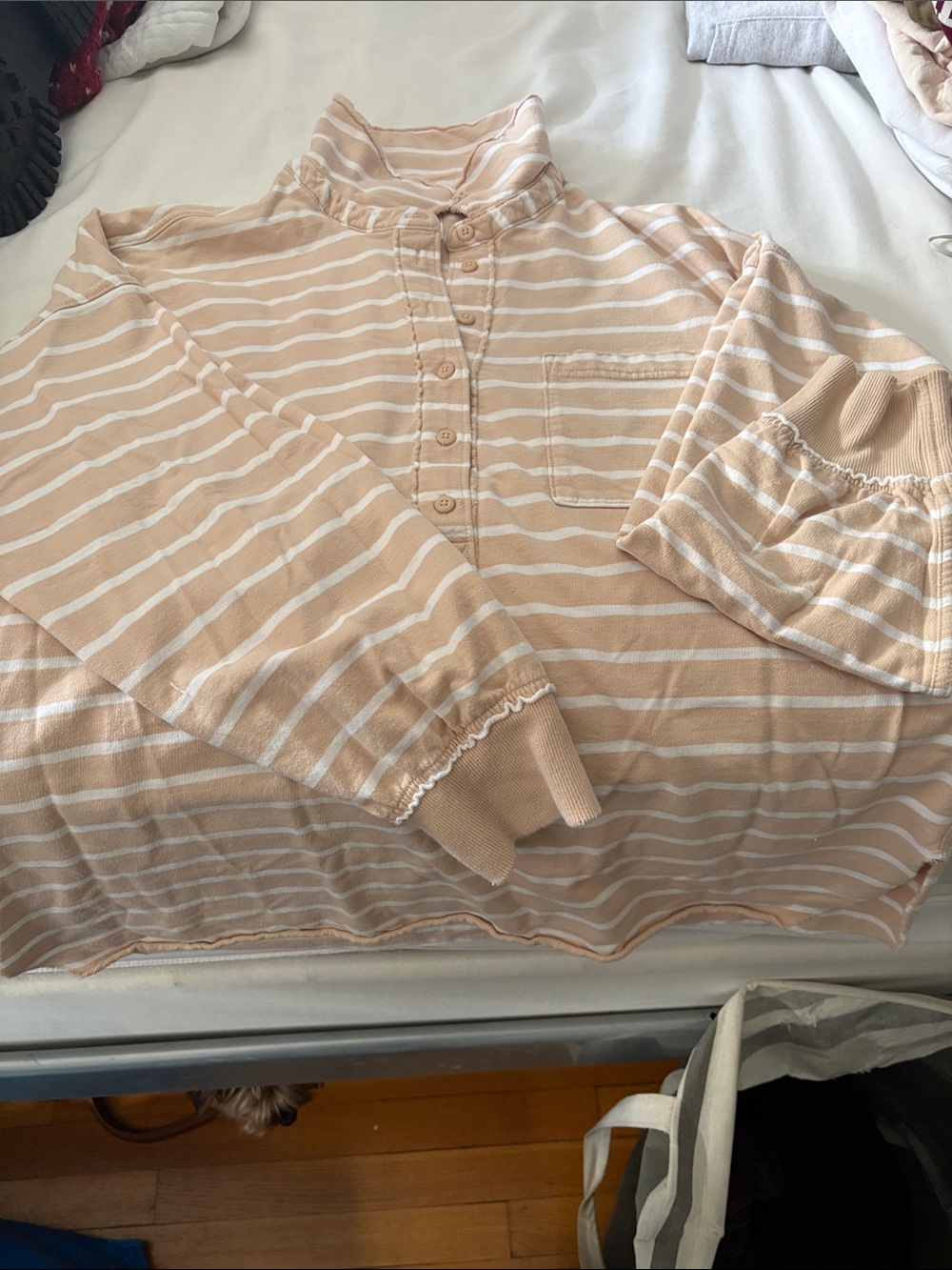aerie beige and White Striped High-Neck long length Pullover